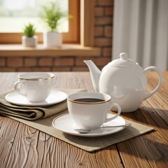 Fototapeta premium White teapot with teacups