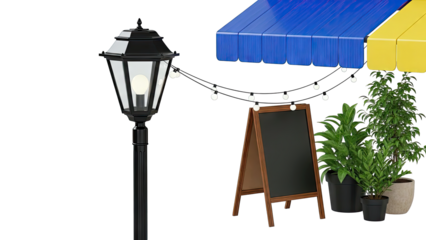 Outdoor Cafe Scene with Lamp, A-Frame Sign, Plants, and Awning