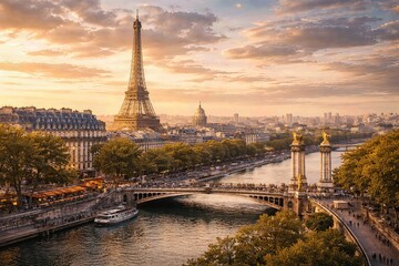 Paris cityscape with Eiffel Tower and Seine River