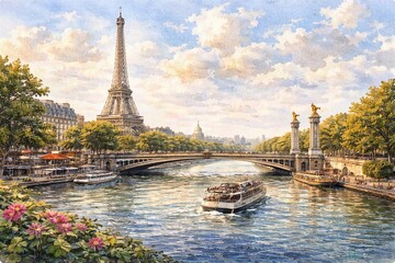 Paris cityscape with Eiffel Tower and Seine River
