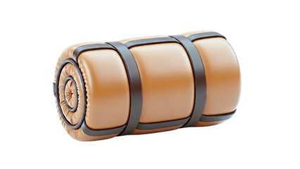 Rolled brown sleeping bag with dark straps