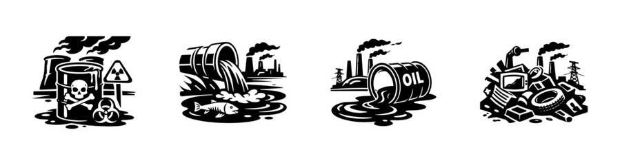 Naklejka premium Environmental pollution vector icons set: waste, toxins, contaminants, hazards