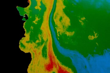 Illustration of a map zone and territory. Aerial view of the ground with water and clouds. Ground background and weather. Map view of storm and sky.