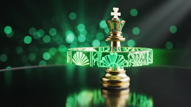 Golden Chess King Piece with Green Glowing Ring and Bokeh Lights on Dark Background.