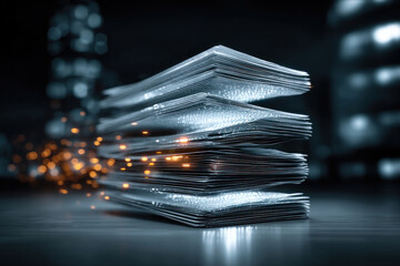A conceptual image of a stack of documents or files, designed in a futuristic style, with an internal glow and digital sparkle effect.  