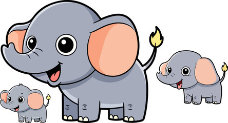 Three adorable cartoon elephants in varying sizes showing a sweet family grouping on white background