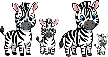 Adorable cartoon baby zebra family group featuring two adults and two small foals standing together on white background