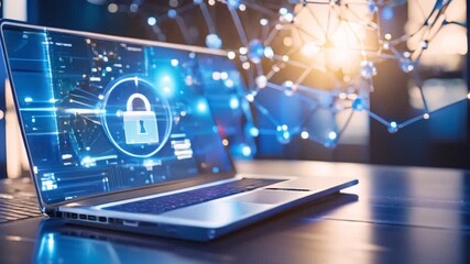 Open laptop with glowing digital padlock and connected nodes, symbolizing online security and data protection. - Powered by Adobe