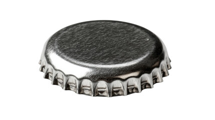 Silver metal bottle cap for beverage packaging, lying flat, crown cork closure with transparent background