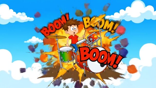 Cartoon boy playing drums with comic BOOM text