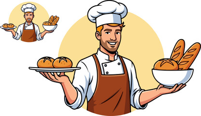 Happy male baker proudly presenting fresh baked bread rolls and baguettes in a serving bowl on white background