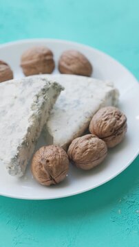Close-Up of Walnuts with French Roquefort Cheese