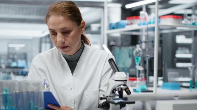 Laboratory employee examining biopsy slide with microscope, documenting diagnostic findings on clipboard. Middle aged woman identifies disease markers in clinical lab, taking notes, camera B