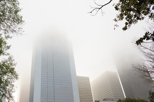 Houston Skyline Covered in Fog on a Winter Morning