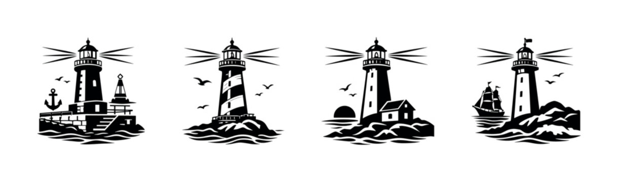Nautical vector icons set: lighthouse symbols collection with ocean and coast scenes