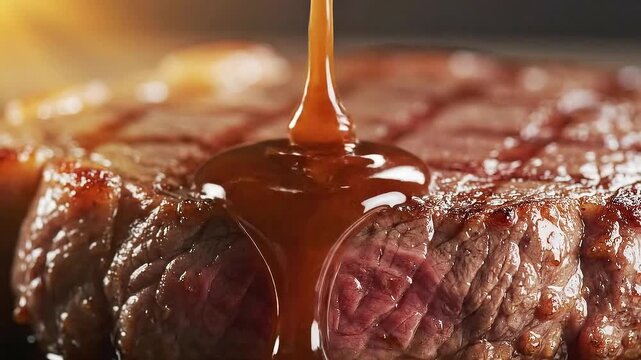 Close-Up Ribeye Steak Preparation with Basting Sauce Drizzle and Subtle Warm Lighting Effect Recipe Promotion for Culinary