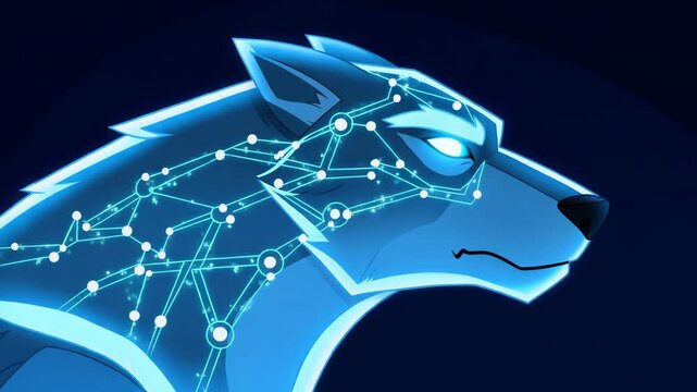 A stylized blue wolf with glowing circuits over its form and an intense gaze
