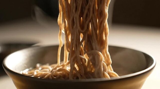 Close up View of Hot Soba Noodles Drizzling Into the Bowl with a Warm Ambience, Perfect Imagery for Culinary Promotion