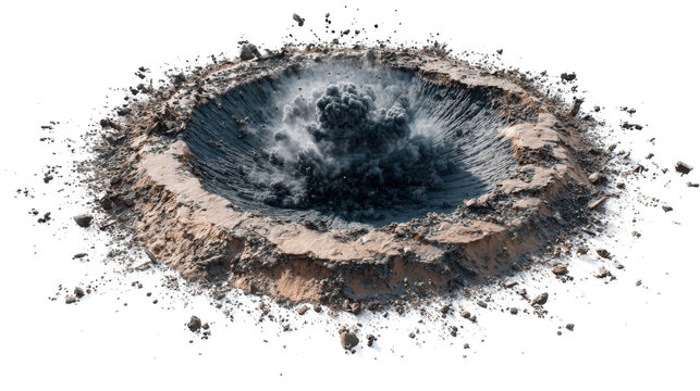 Explosion creating a large impact crater with dust and debris flying, a powerful blast at ground zero on transparent background