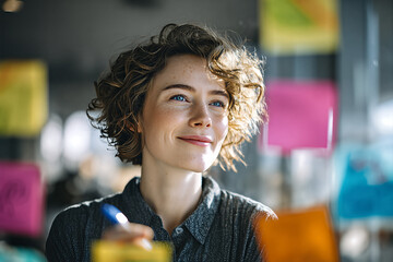 Young professional woman brainstorming with colorful sticky notes on glass, smiling confidently while planning creative ideas