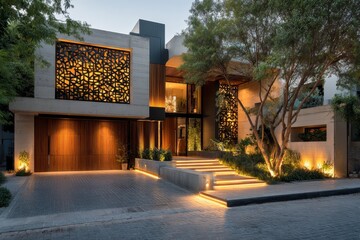 Modern architectural masterpiece with intricate facade and lighting