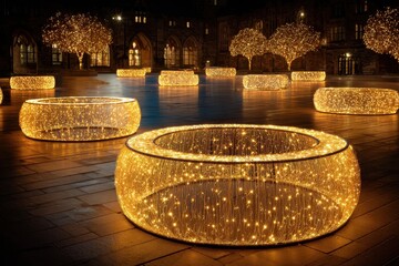 Illuminated Circular Structures Surrounded by Trees at Night