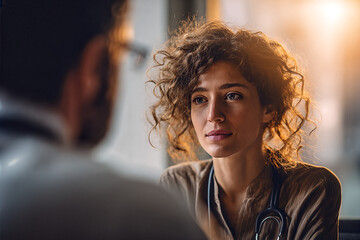 Compassionate female doctor listening attentively to a patient during a private consultation, warm backlight highlighting focus, empathy and trust