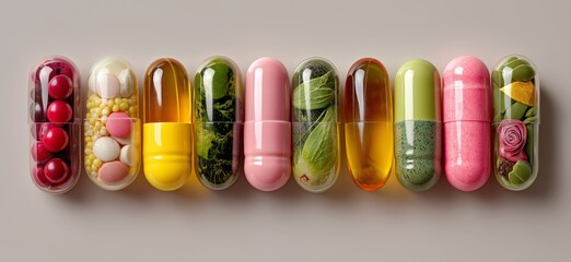 Colorful sparkling gel capsules representing health and beauty. Colorful sparkling transparent gel capsules creating a vibrant and clean health and wellness concept