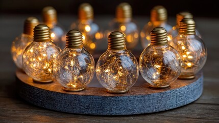 Decorative Glass Bulbs with Warm Fairy Lights on Wooden Base