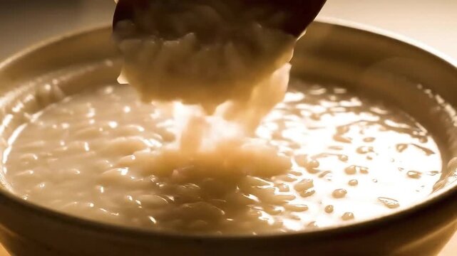 Creamy Rice Porridge Bubbling in Bowl with Wooden Spoon Close Up Steaming Bland and Comforting Food Preparation Minimalist