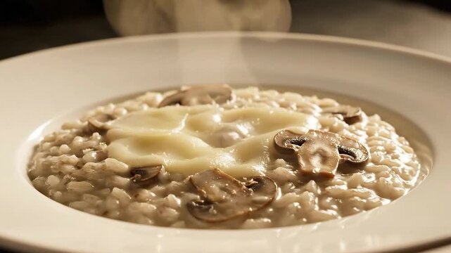 Creamy Mushroom Risotto served on white plate in warm lighting Food Advertisement Concept Italian Cusine Food Photography
