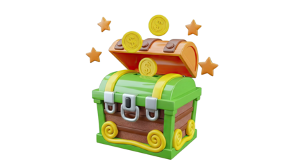 Cartoon Treasure Chest with Gold Coins and Stars