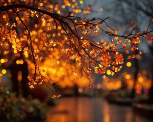 Glowing Cherry Blossom Branch with Warm Bokeh in Urban Setting