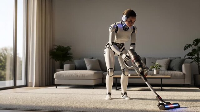 An AI robotic house assistant efficiently vacuums the plush carpet in a bright, modern living room, ensuring a spotless home