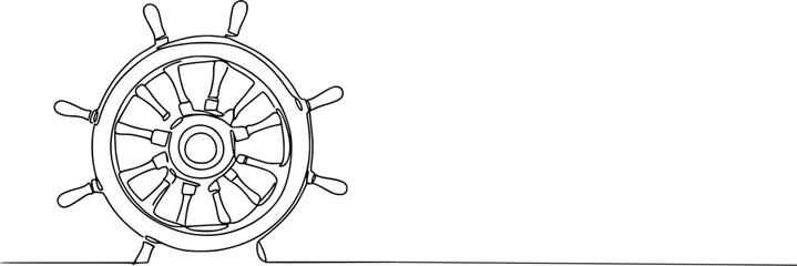 antique ship's wheel isolated on a white background, accompanied by classic art lines