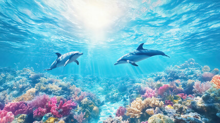 Dolphins swimming above colorful coral reef in clear blue ocean. Underwater marine nature landscape. Ideal for ocean wildlife wallpapers, marine conservation, travel, environmental awareness projects.