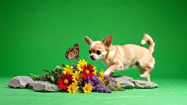 Cute Chihuahua with Butterfly Perched On Colorful Flowers Resting On Rocks in Front of Green Screen Backdrop Stock Photo