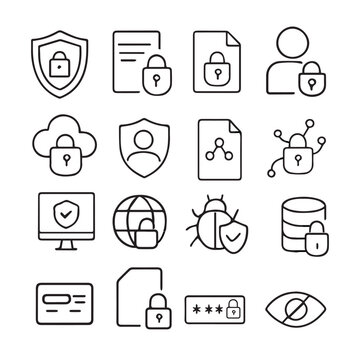 Cyber Security and Data Protection Black Line Icons Set, Secure Network Outline Vector