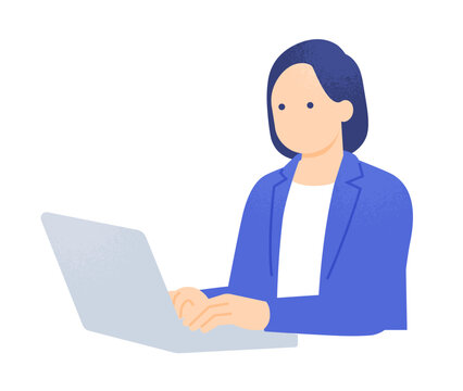 データ分析や資料作成を行う女性。ノートパソコンでデスクワークをする人物イラスト。