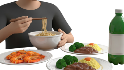 Person eating noodles with shrimp and curry with rice