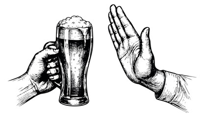 Hand drawn line art illustration of hands and a beer mug depicting alcohol refusal for sobriety