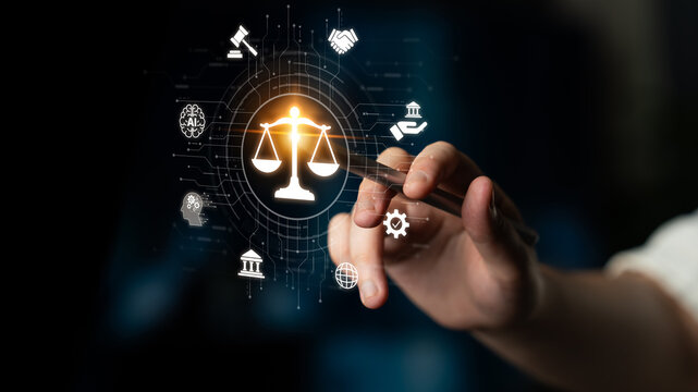 Futuristic digital law interface displaying justice scale, highlighting digital law, AI compliance, digital law systems, and digital law regulations for secure governance. Spline