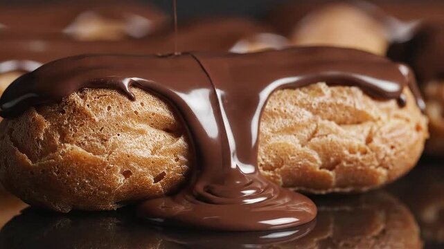 Decadent dark chocolate ganache pouring over golden baked eclair pastry on reflective black surface featuring glossy liquid