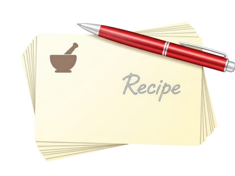 Red pen lying on stack of blank recipe cards with mortar and pestle icon isolated on transparent background