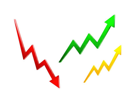 Three zigzag arrows showing fluctuating market trends down, up, and moderate growth isolated on transparent background
