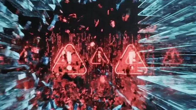 Red digital warning sign with exclamation mark shattered glass and binary code cyber alert, digital data flow with glowing red light streams and digital explosion bursting outward dynamic futuristic