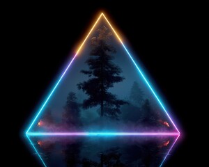 Neon Triangle Frame Surrounding Mystic Forest Landscape at Night