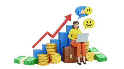 Woman with Laptop and Financial Growth Symbols