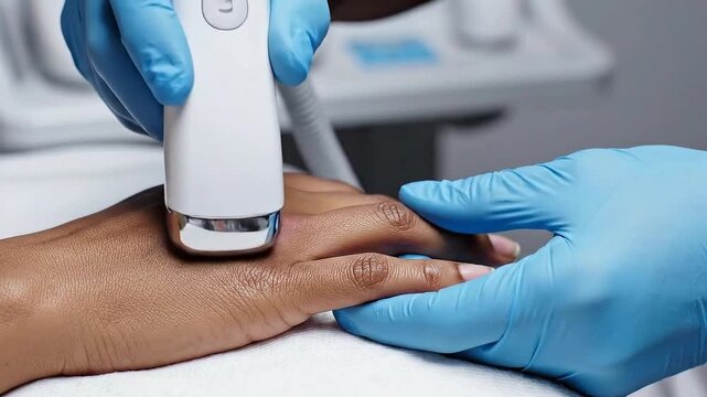 Dermatologist Performing Hand Treatment with Modern Device in Clinic Room Beauty and Health Treatment