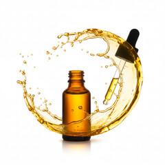 A vibrant amber dropper bottle surrounded by a dynamic splash of golden liquid, reminiscent of luxury skincare, essential oils, and premium cosmetic serums